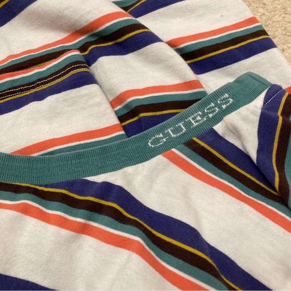 3/$15! Guess Embroidered Logo Striped Shirt Mens Medium Green Orange White Retro - Picture 4 of 6
